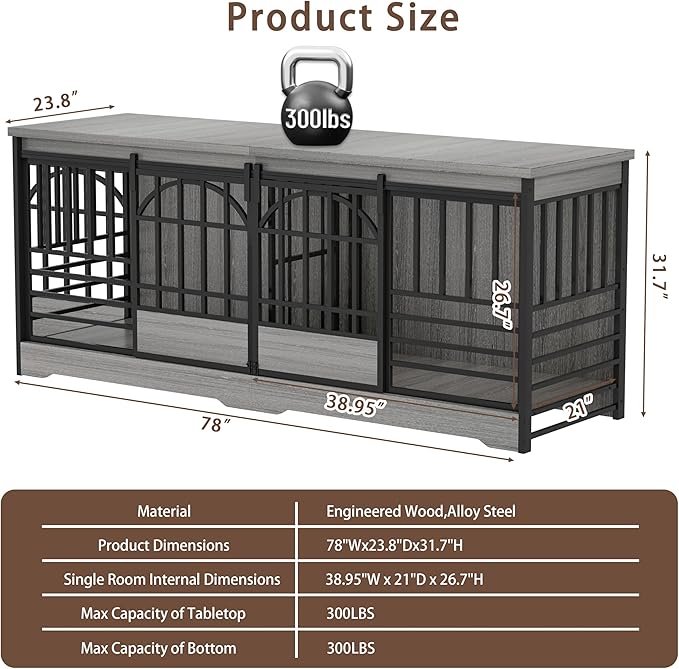 COZPAW 78 Inch Double Dog Crate Furniture, Extra Large Dog Kennel Indoor for 2 Dogs, Heavy Duty Dog Cage with Divider, Wooden Dog House Decorative Table TV Stand for XLarge Dogs (Grey)