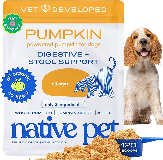 Native Pet Pumpkin for Dogs - Organic Dog Food Topper Powder - Promotes Firm Stools, Supports Digestive, Bowel Health & Nutrient Absorption - USDA Organic, Rich in Fiber with Real Pumpkin -120 Scoops