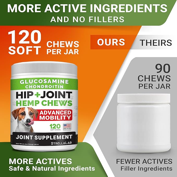 STRELLALAB Hemp Chews for Dogs - Hip & Joint Supplement with Glucosamine - Joint Pain Relief Treats - Omega 3, Chondroitin, MSM - Advanced Mobility Support - Chicken Flavor - 120 Ct - Made in USA