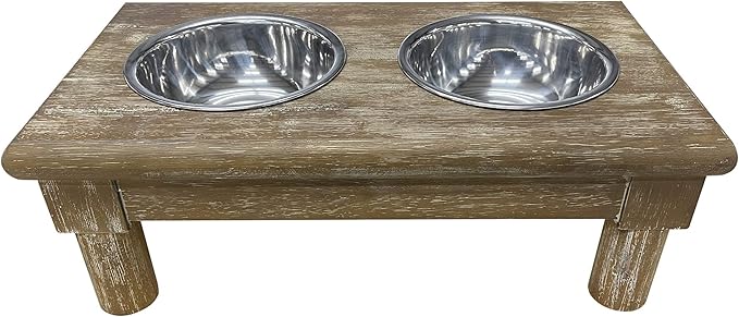 | Adjustable Dog Feeder - 3 Height Levels - Aluminum Bowls - Washed Oak Finish - Farm House Pet Supplies - 16" Tall - 12" Tall - 8" Tall
