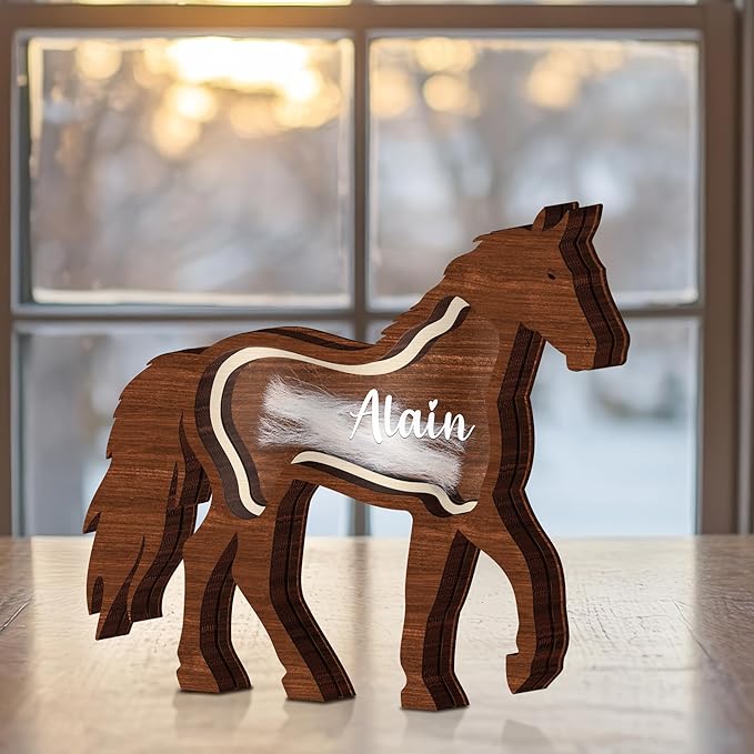 Personalized Horse Shape Keepsake Box Unique Wooden Pet Fur Gift Sympathy Pet Loss Gift Memorial Storing Hair Nail Teeth Ashes Standable Tabletop Decor Gift Idea for Pet Horse Lover Family Friends