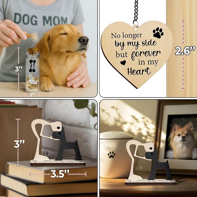 Pet Memorial Gift for Dogs, Natural 360 Rotating Wooden Picture Frame 4x6 Photo, Pet Hair Keepsake Fur Jar Rainbow Bridge , No Longer By My Side But Forever in My Heart, Animal Loss Gift PR-3N