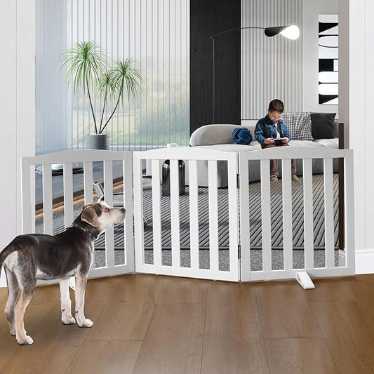 Freestanding Dog Gate Indoor,Doggie Gate Foldable Dog Gates for Doorways,Stairs or Hallways, Wooden White Pet Gate for The House, Pet Fence with Support Feet Included,24 "Height-3 Panels