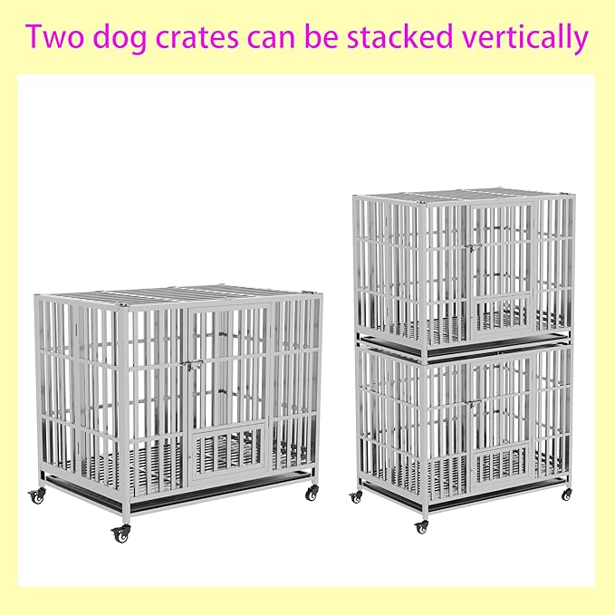 37" 42" 48" Heavy Duty Dog cage Stainless Steel Metal Kennel and Crate, Collapsible for Medium to Large Dogs, Easy to Assemble pet Pen with Four Lockable Wheels, Black Tray (sm-48in)