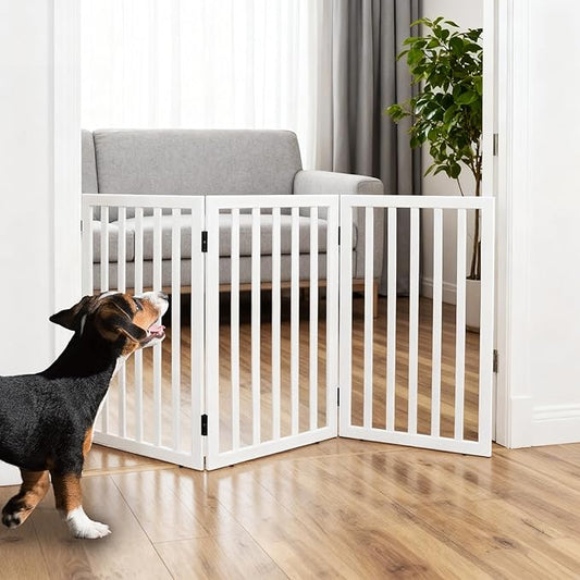 ZJSF Freestanding Indoor Dog Gate for House Foldable Wood White Puppy Gate for Doorways Pet Gate for Stairs Extra Wide Pet Fence 32" Height 3 Panels