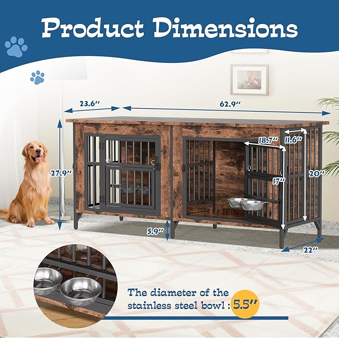 Grepatio 63" Double Dog Crate Furniture for 2 Dogs, Large Dog Kennel with 360° Rotating Feeder Bowls, Indoor Double Dogs Crates with 4 Doors, Wooden Crate TV Stand with Removable Divider