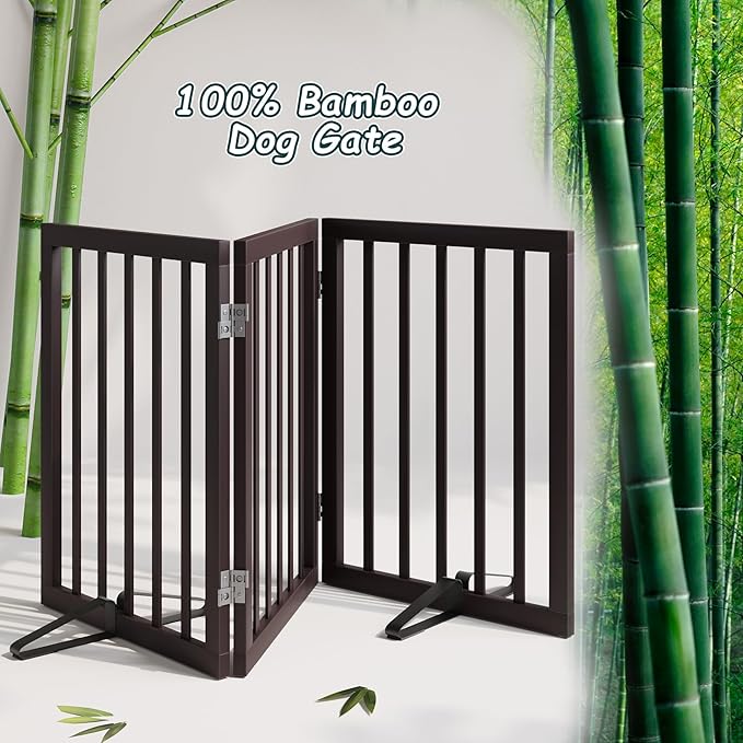 Semiocthome Bamboo Dog Gates Indoor 3-Panel Freestanding Puppy Gates for The House with 2 Metal Stands 24" H Folding Wood Pet Gate for Stairs Doorway Expands Up to 55" Fully Assembled Espresso