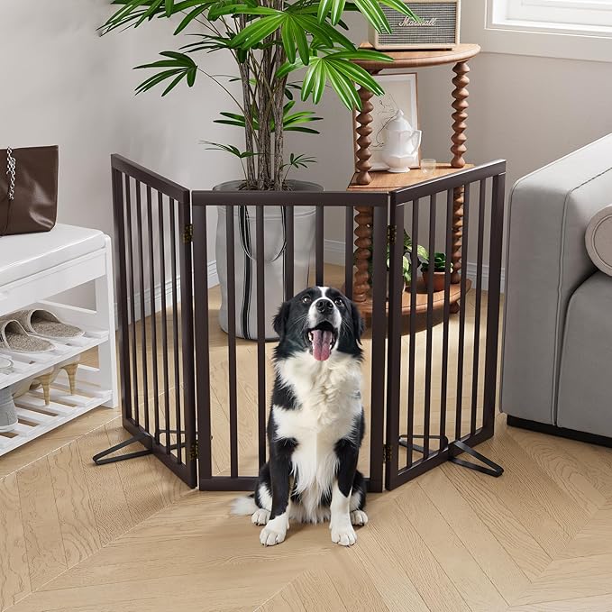 Semiocthome Freestanding Dog Gate 32" Tall, 3-Panel Foldable Dog Gates for Doorways Stairs House, Pet Gate Indoor with 2 Metal Stands, Espresso