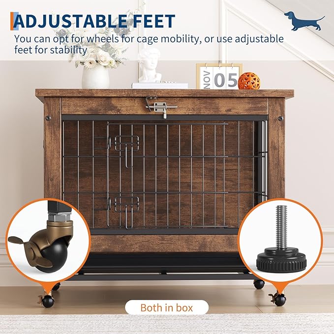 Double-Door Pet Crate Furniture, 26 Inch Indoor Dog House, Heavy Duty Wooden Kennel Side Table with Rustic Brown Finish, Chew-Resistant Dog Cage for Small Medium Dogs, Decorative End Table for Bedroom
