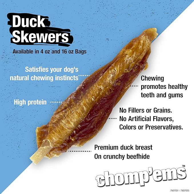 Chomp'ems Duck Skewers, 4 oz - All Natural Rawhide Wrapped with Premium Chicken Breast - Healthy, Protein Rich Treats for Dogs - Dog Chews