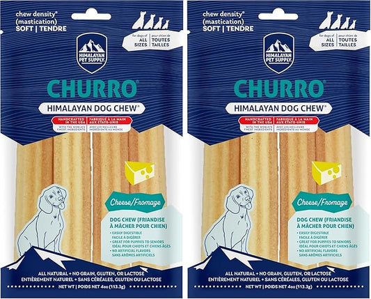 Himalayan Dog Chew yaky Churro Himalaya Cheese Treats | Lactose Free | Gluten Free | Grain Free | USA Made | for All Breeds | 4 Churros per Pouch | Original Cheese Flavor (Pack of 2)