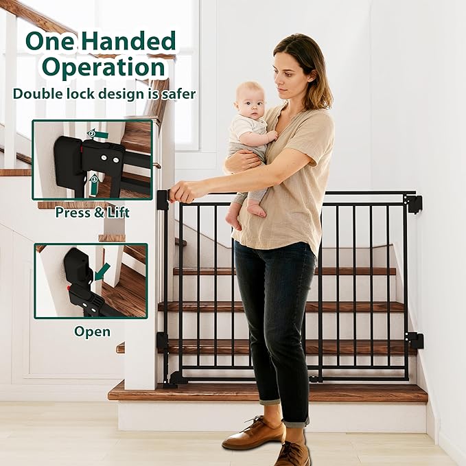 26.5-43" No Bottom Bar Baby Gate for Stairs and Doorways, 29" Tall Hardware-Mounted Baby Gate for Top and Bottom Stairs, Auto-Close Dog Gate Indoor with Extra Wide Walk Thru