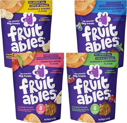 Fruitables Baked Dog Treats Variety Pack - Pumpkin Flavors - Healthy Low-Calorie Snacks - Wheat, Corn & Soy Free - 7 oz (4 Pack)