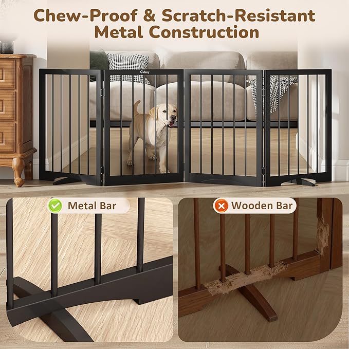 Free Standing Dog Gate Indoor, Foldable Dog Gate for Doorways Stairs Hallways,4-Panel Freestanding Pet Gate with Support Feet for Stability, Folding Puppy Gate Easy to Move, Doggy Gate 72"x24"