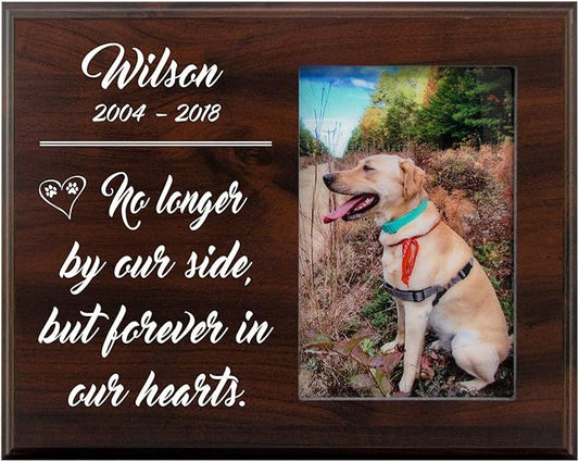 Mainely Urns 8x10 Photo Plaque - Personalized Pet Memorial Picture Frame - No Longer by Our Side, But Forever in Our Hearts - Design 1 - Sympathy Dog or Cat Gift with Heartfelt Quote