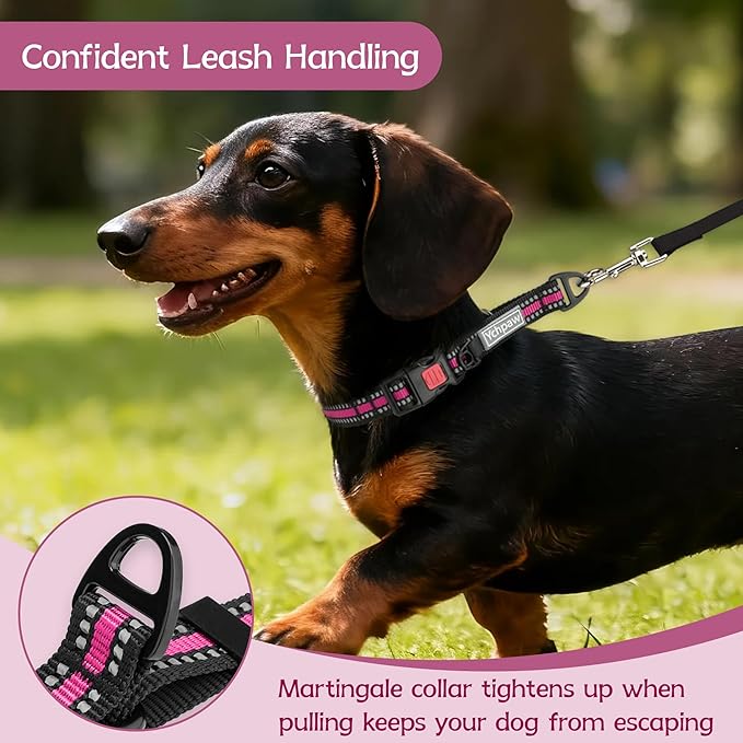 Martingale Collar for Dogs Reflective Collar with Quick Release Buckle, Adjustable Nylon Collars for No Slip Dog Collar, Hot Pink, S