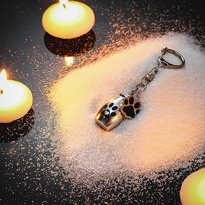 Tudomro 2 Pcs Pet Dog Urns Keychain for Ashes with 2 Storage Bags Small Cat Cremation Keepsake Jewelry Paw Print Memorial Urn