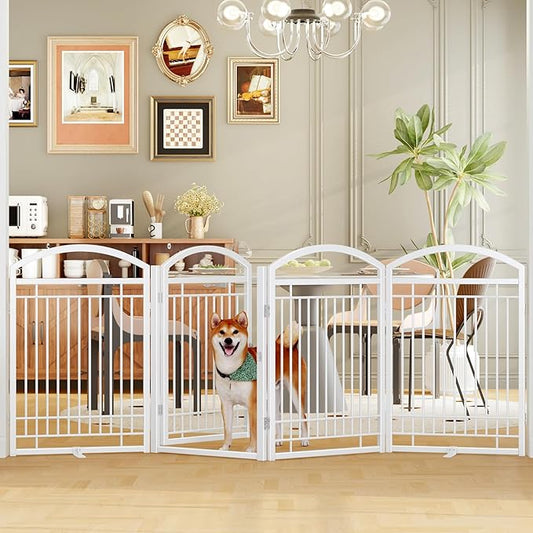 Folding No-Assembly Metal Freestanding Dog Gate with Door Walk Through,32" Height Pet Fence,96" Extra Wide Accordion Puppy Folding Playpen for Doorways,House,Stairs (4 Panels,White)