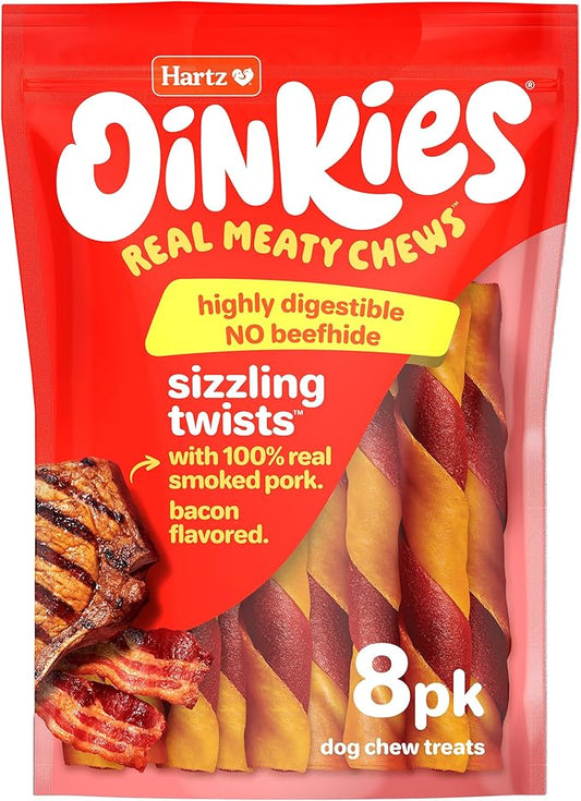 Hartz Oinkies Sizzling Twists Bacon Flavored Rawhide-Free Natural Chew Dog Treats, 8 count