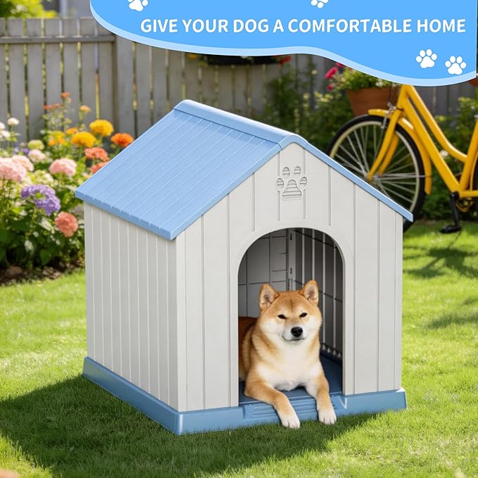DRATO Indoor & Outdoor Dog Houses, Resin Material Dog House with Waterproof Roof and Raised Floor Design.(Blue)