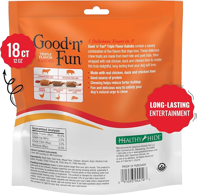 Good ’n’ Fun Triple Flavor Kabobs 18 Count, Rawhide Snack for All Dogs (3 Pack)