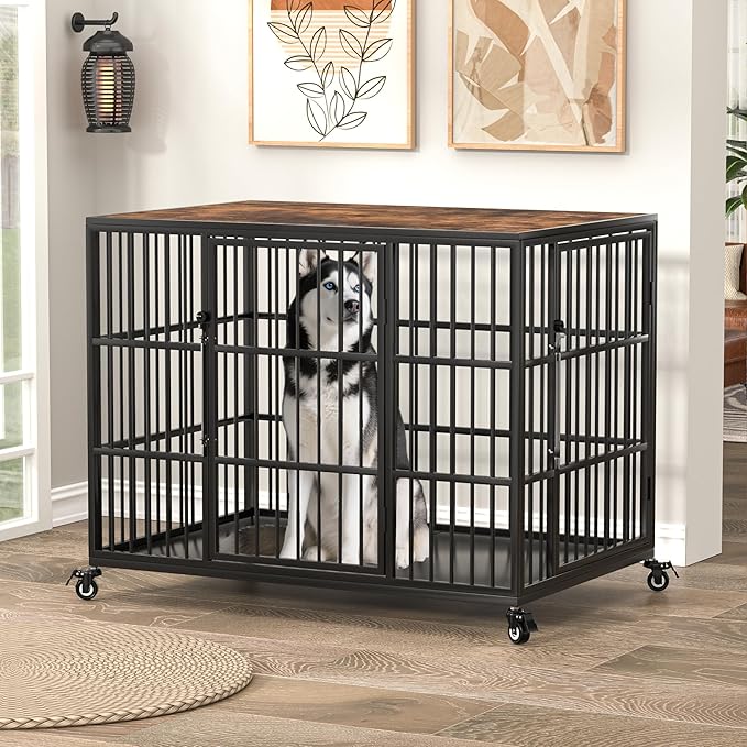 VERIFURTY 42 Inch Heavy Duty Dog Crate Furniture with Self-Locking Latch for Medium and Large Dogs, Escape-Proof Dog Kennel Furniture Indoor, Decorative Pet Cage End Table, Rustic Brown