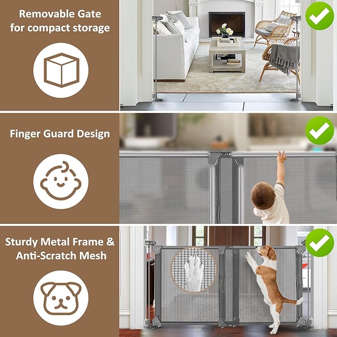 GRENFU 28" Tall No Drill Dog Gate for Stairs, Dual-Opening Sliding Pet Gate, Fits 32-55" Wide Expandable Dog Gates Indoor No Bottom Bar Baby Gate No Drill & Adjustable Width & Angle Mesh Gate, Gray