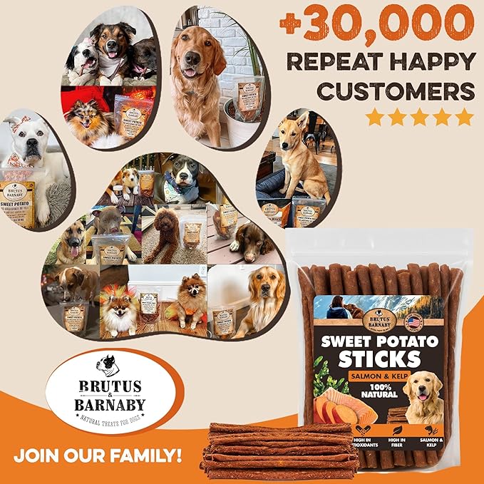Sweet Potato Dog Treats - Grain Free, Salmon & Kelp Crunchy Sticks - Great Tasting, Promotes Positive Dog Gut Health with Natural Anti-Diarrhea Properties, No Preservatives Added (14oz)