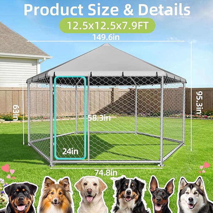 Outdoor Dog Kennel, Heavy Duty Metal Dog Enclosure with Waterproof Oxford Cover & Security Lock, Galvanized Wire Mesh Hexagonal Dog Run for Large Dogs & Small Animals (149.6x149.6x95IN)