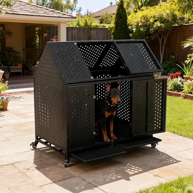 44 inch Indestructible Heavy Duty Dog Crate, Escape-Proof Indoor Impact Dog Cage for Large Medium Dogs, High Anxiety Pet Kennel with 2 Trays, 4 Wheels, 4 Locks and Double Door, XL