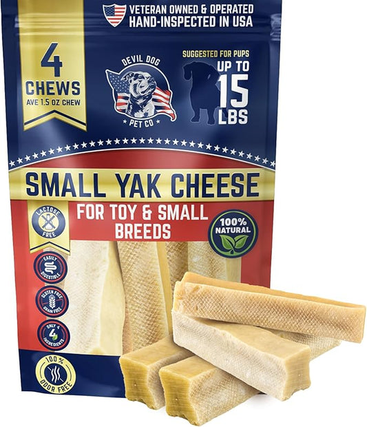 Devil Dog Pet Co - Yak Cheese Dog Chews Small 4 Pack for Aggressive Chewers - Odor-Free Long Lasting Himalayan Treats, Toy & Small Breeds Up to 15 lbs, 4-Ingredient Dental Enrichment & Anxiety Relief