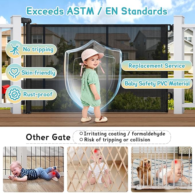 71'' Retractable Baby Gates Extra Wide for Stairs, 42" Tall Black Mesh Dog Child Pet Safety Indoor Outdoor Retractable Gate for Doorways, House, Hallway, Deck with Reinforcement Strips