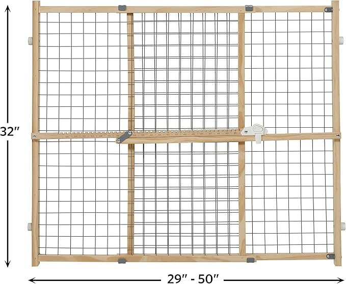 New World Wire Mesh Pet Safety Gate, Dog Gate Expands to 50 Inches Wide, 32 Inches Tall, No Damage to Walls, Natural Wood and Powder Coated Wire