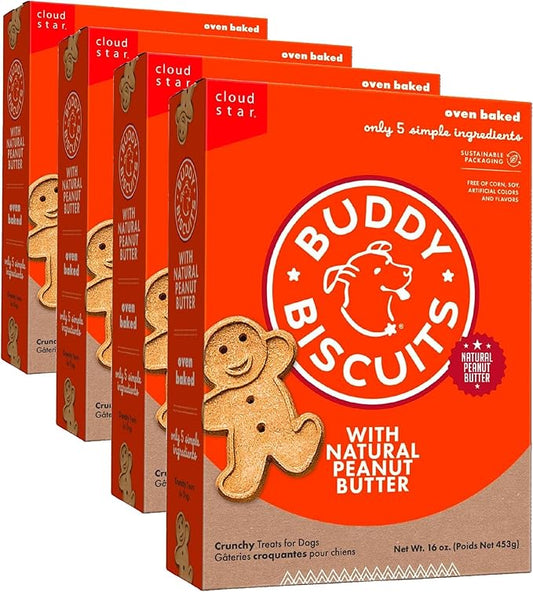 Buddy Biscuits 16 oz Box of Grain-Free Crunchy Dog Treats Made with Natural Peanut Butter (Pack of 4)