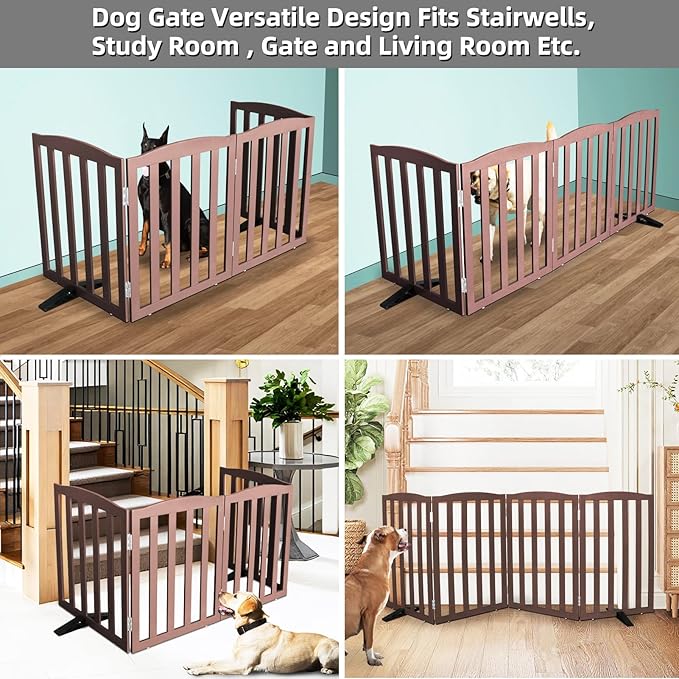 Freestanding Dog Gate Indoor,Doggie Gate Foldable Pet Gates for Doorways,Stairs or Hallways, Wooden Brown Pet Gate for the House, Pet Fence with Support Feet Included,24 "Height-4 Panels