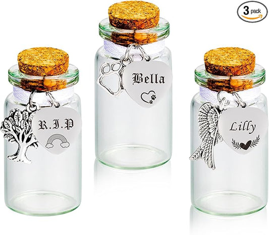 3pcs Personalized Pet Fur Keepsake Jar Custom Memorial Urn Bottles for Pet Ashes, Hair & Teeth, Sympathy Gift for Loss of Dog Cat(Customized)