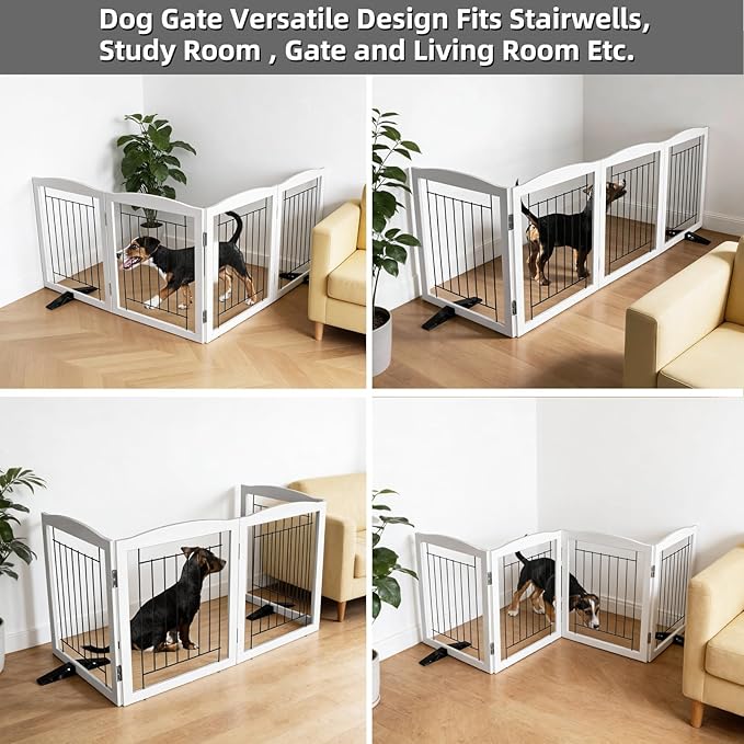 Dog Fence Indoor,Dog Gate Indoor for Doorway pet gate -4-Panel Freestanding, Hallways, House or Stairs -80x24-Inch Retractable Foldable Expandable Wood Pet by SFJC (White)