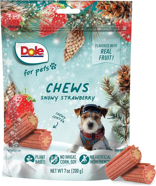 Dole for Pets Snowy Strawberry Dog Chews, Strawberry Flavored Treats with Real Fruit Powders, Vegan Plant-Based, No Wheat Corn Soy or Artificial Colors Flavors Preservatives, 7 Oz Bag