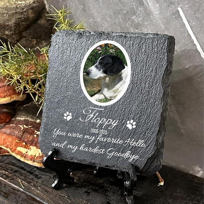 Personalized Individual Square Memorial Plaque + Stand for Pet Cat Dog Slate Stone Frame Paw Grave Marker - Size 3.94" x 3.94" or 100 x 100 mm - White Frame Photo