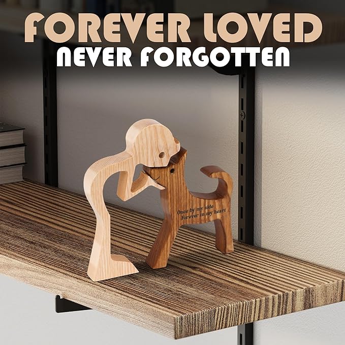 SENSUNIQ Dog Memorial Gifts, Cat Memorial Gifts, Wooden Carving Men and Dog Figura, Once by My Side Forever in My Heart - Sympathy Keepsake Dog Mom, Dog Dad for Loss of Pet (Dog and Man)