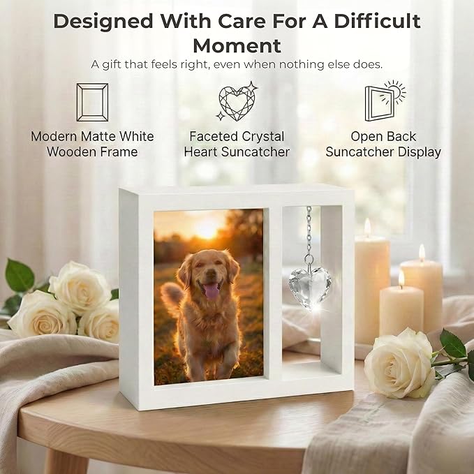 Dog Memorial Gift for Loss of Dog – 4x6 Wooden Photo Frame with Crystal Heart Suncatcher, Pet Memorial Picture Frame Keepsake