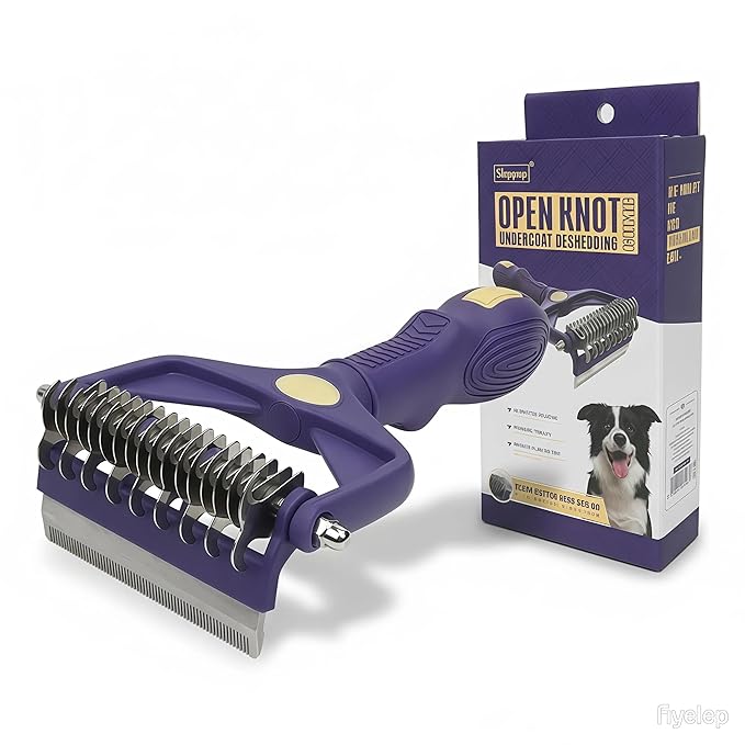 3-in-1 Dog Dematting Comb - Stainless Steel Undercoat Rake with Flea Remover & Deshedding Tool, Professional Grooming Brush for Long-Haired Dogs and Cats, Effortlessly Removes Matted Hair