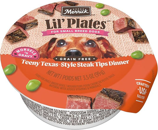 Merrick Lil’ Plates Grain-Free Wet Dog Food for Small Dogs Teeny Texas Steak Tips Recipe with Real Beef, 3.5 oz. Tub