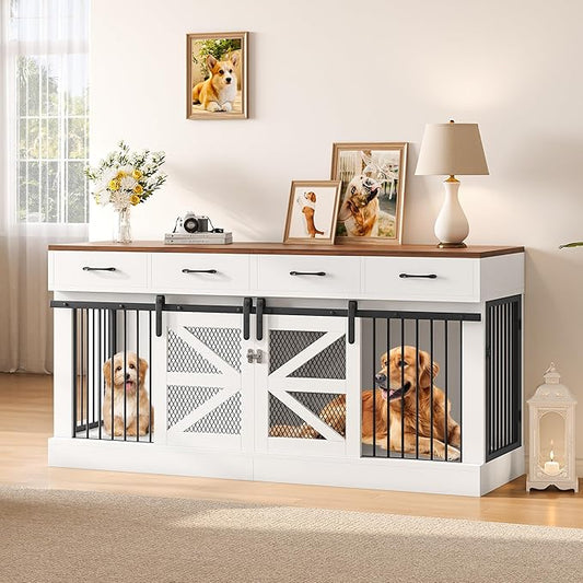 Dog Crate Furniture with Removable Divider & 4 Storage Drawers - 71" Large Wooden Dog Kennel Indoor End Table for 2 Dogs, Multi-Functional Dog Cage Furniture for Medium & Large Dogs