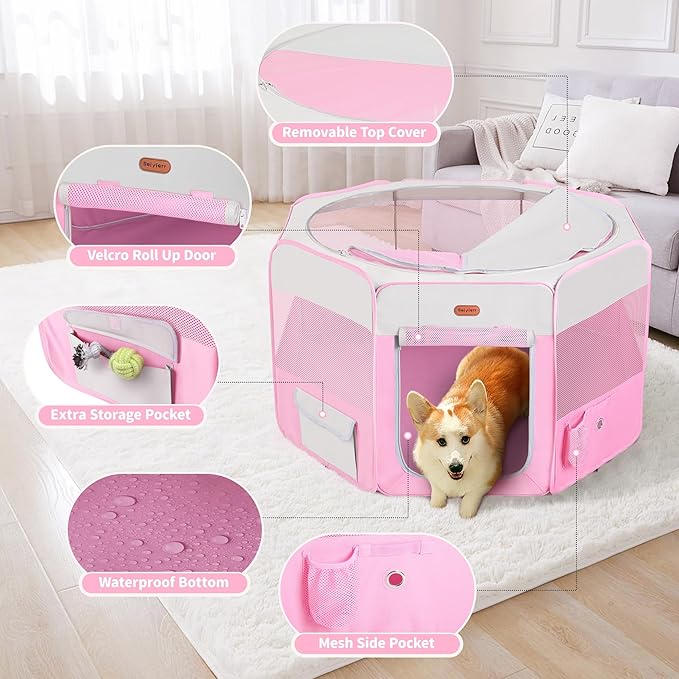 Dog Playpen, Portable Pet Play Pen Foldable Carrying Case, Puppy Pens Outsid for Small Cat Indoor/Outdoor, Removable Mesh Shade Cover
