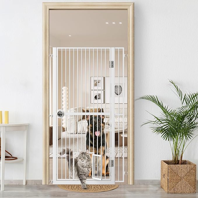 61" Extra Tall Cat Gate for Doorway, 34.3"-36.7" Adjustable Wide Dog Door with Cat Door, 1.37" Gap for Pet Gates, Suitable for Doorways or Kitchen, No Drilling Pressure Mount Kit, White