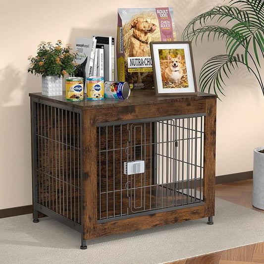 Furniture Style Dog Crate, 27" Wooden Dog Kennel End Table with Solid Top, Indoor Pet Crate House with Secure Slide Lock, Modern Dog Cage Furniture for Small & Medium Dogs, Aged Black