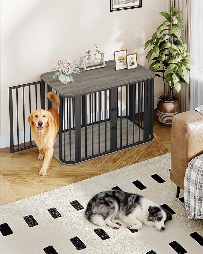 39.4'' Dog Crate Furniture, L Indoor Dog Kennel Dogs Cage, Modern Decorative Pet House for Small/Medium/Large Dogs, Anti-Chew & Anti-Escape, Kennel End Side Table, Greige Black DFC88705B