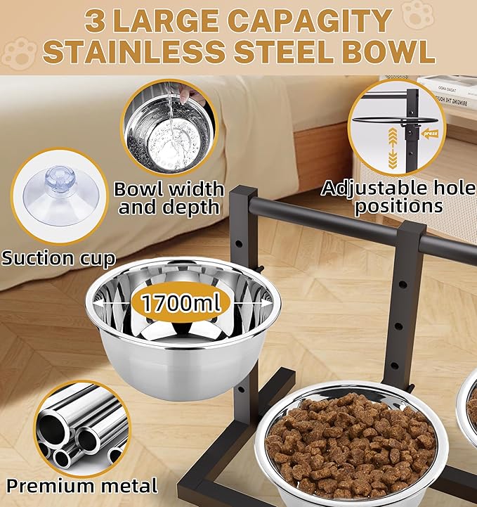 Elevated Dog Bowls Stand Large Breed Metal Raised Dog Bowls Small/Medium/Large Sized, Feeding Station with 5 Heights Adjustable,3 Food Water Bowl Feet with Non-Slip Feet