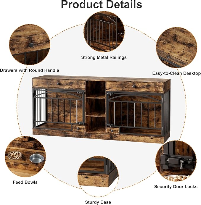 IDEALHOUSE 78.7" Double Dog Crate Furniture with Storage and 2 Doors, Dog Kennel Indoor with Feeding Bowls, Wood Dog Crate TV Stand for Small Medium Dogs, Brown